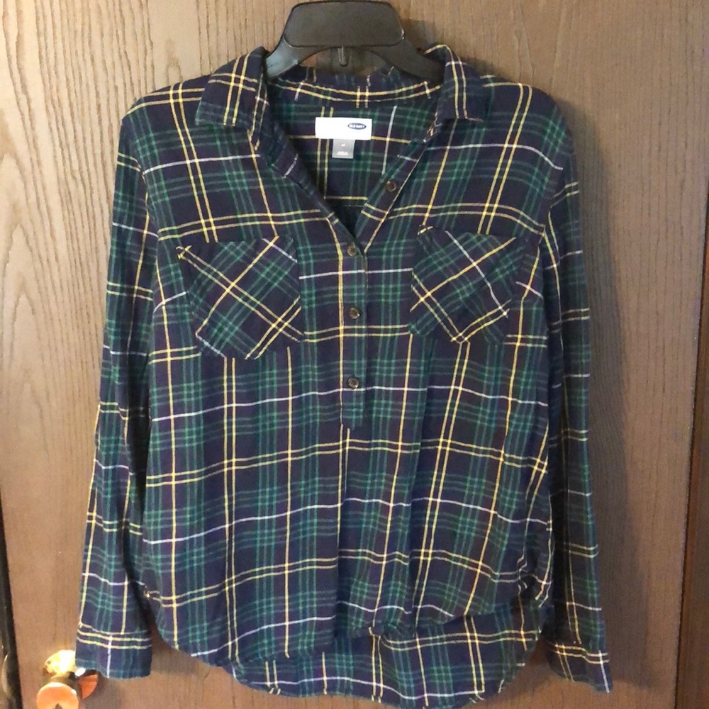 Navy blue & green plaid flannel, 1/4 button down